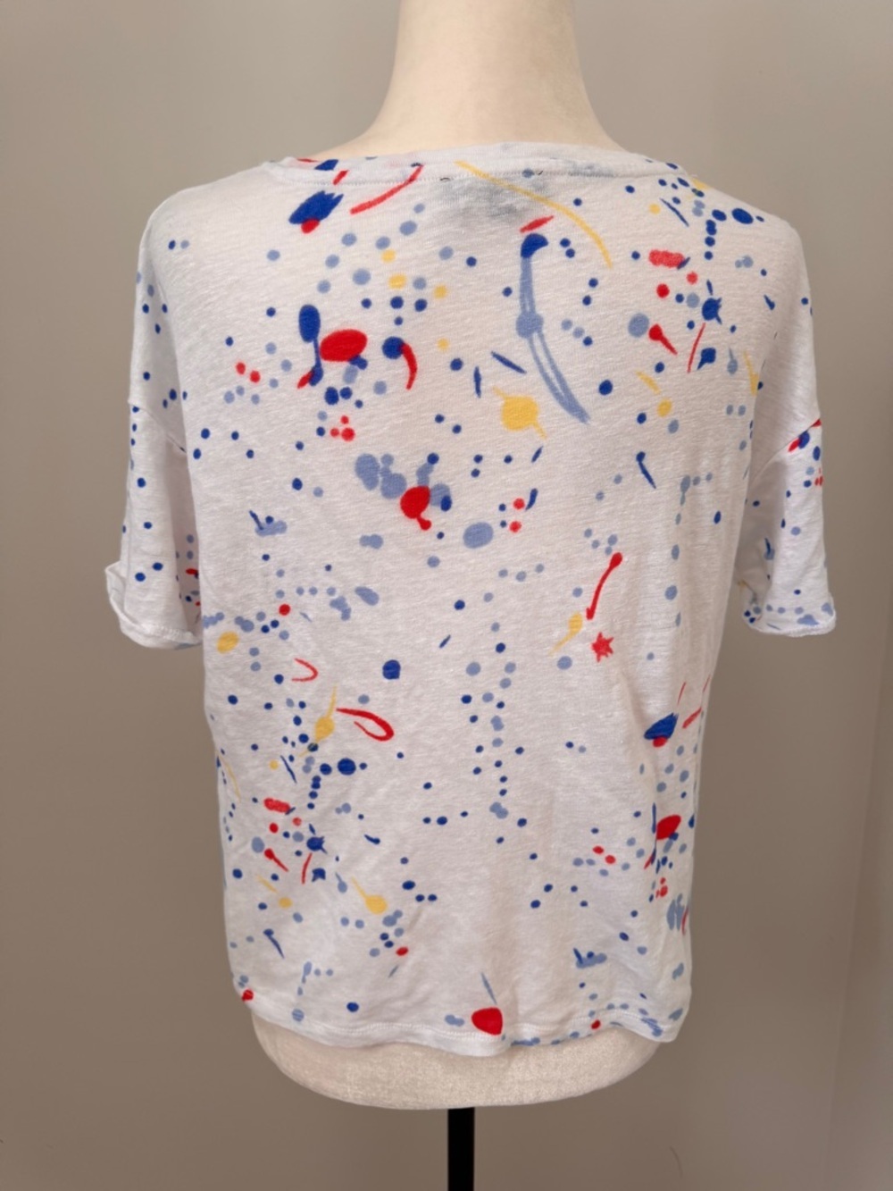 CHARLIE B White V-Neck Linen Short Sleeve Top with Multi Color Splash Print Sz S - Picture 5 of 10